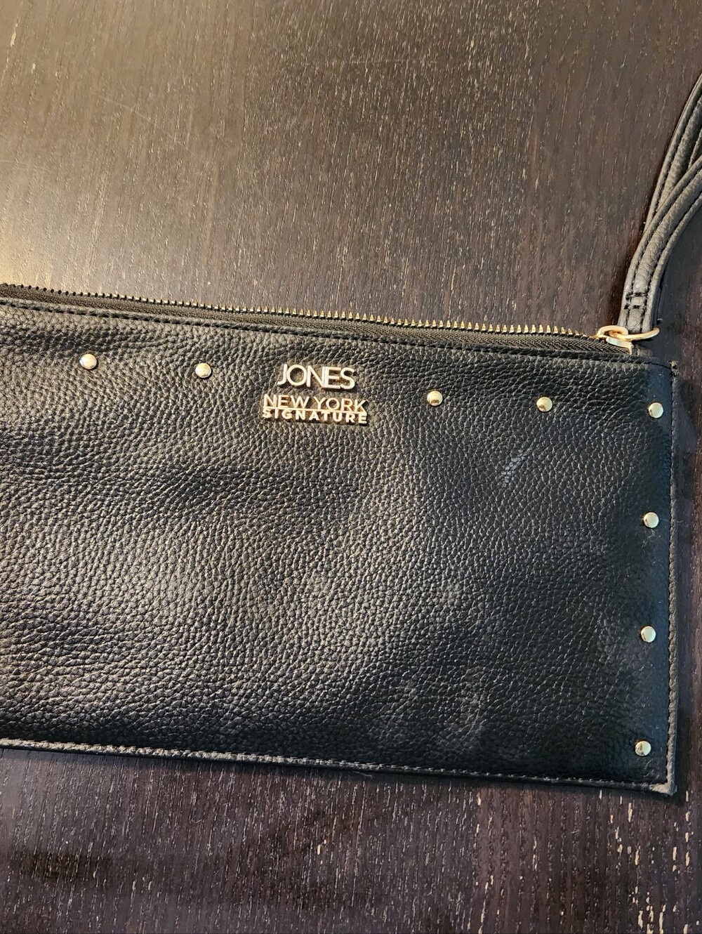 Jones New York Black Pebbled Leather Wristlet with Gold Studs